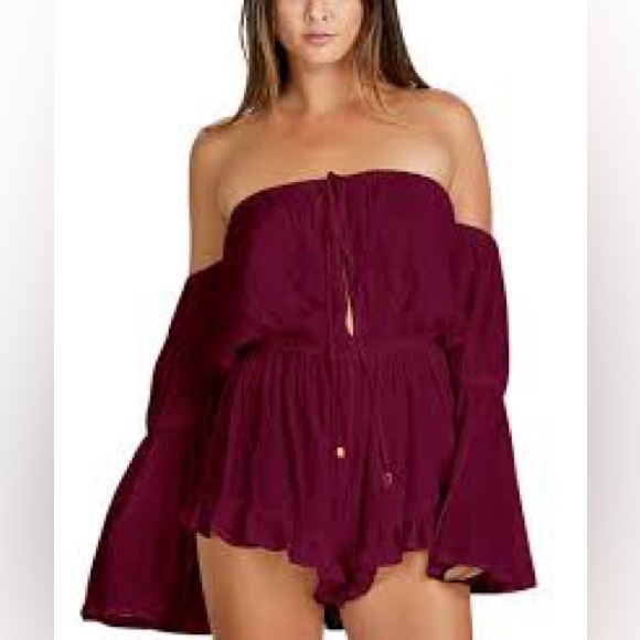 Radio Fiji Burgundy BOHO Off Shoulder Sokally Romper - Picture 2 of 13
